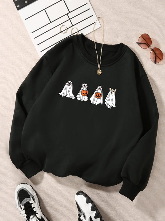 Spooky Ghost Dog Print Long Sleeve Crew Neck Sweatshirt