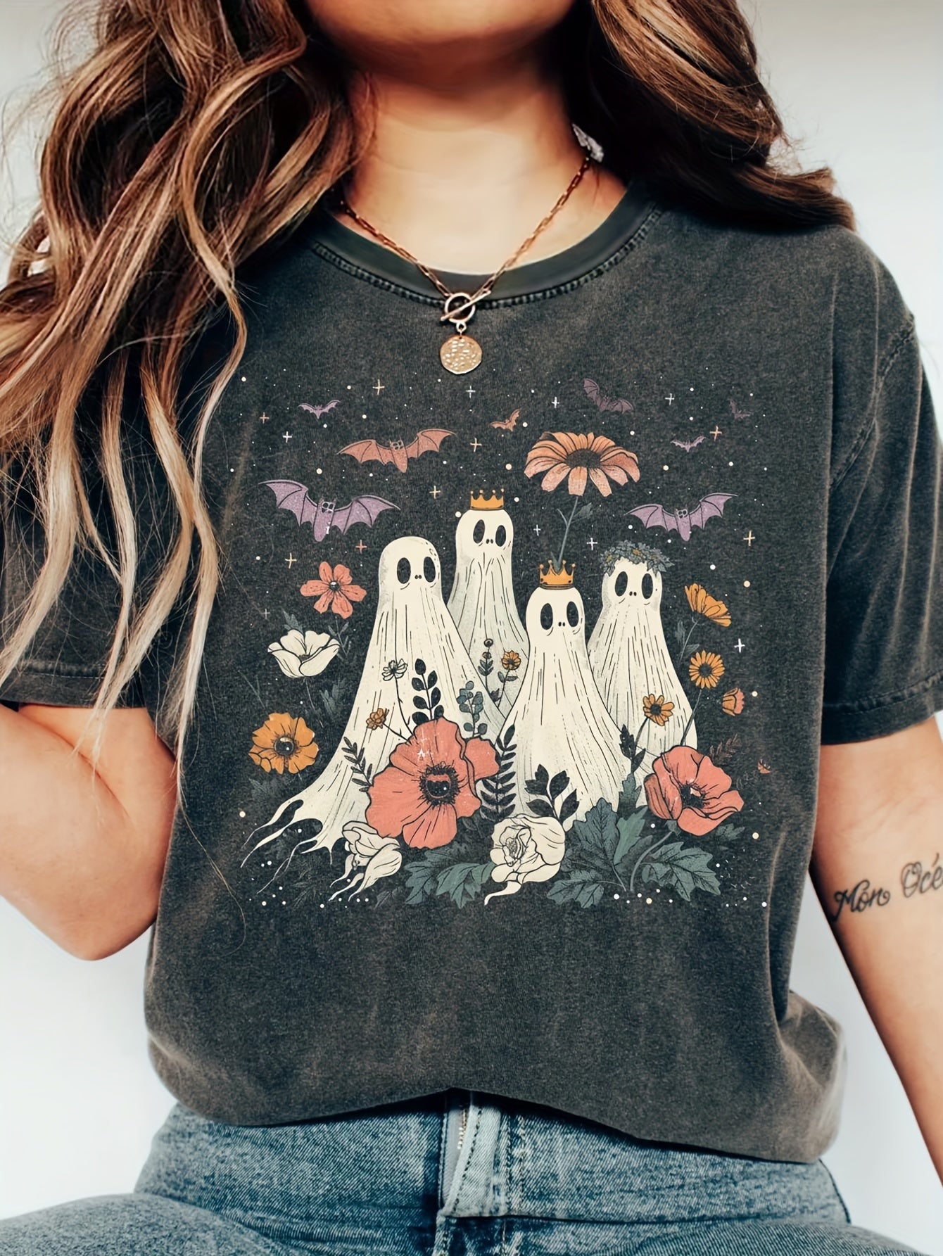 Spooky Halloween Ghost Print Crew Neck T-Shirt