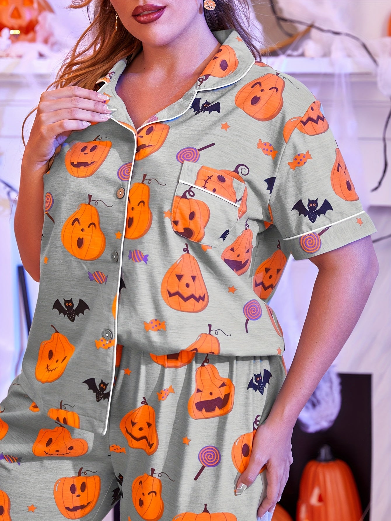 Over-Sized Halloween Pumpkin & Bat Print Pajama Set