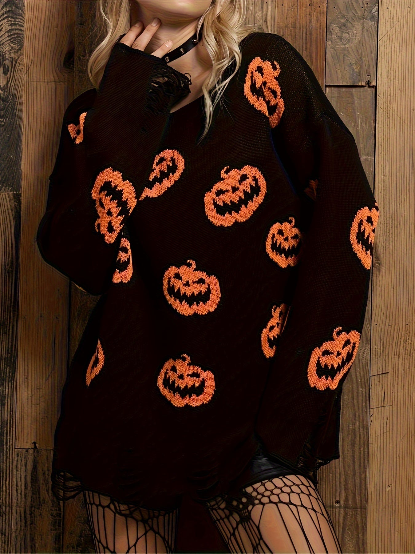 Pumpkin Pattern Boat Neck Sweater