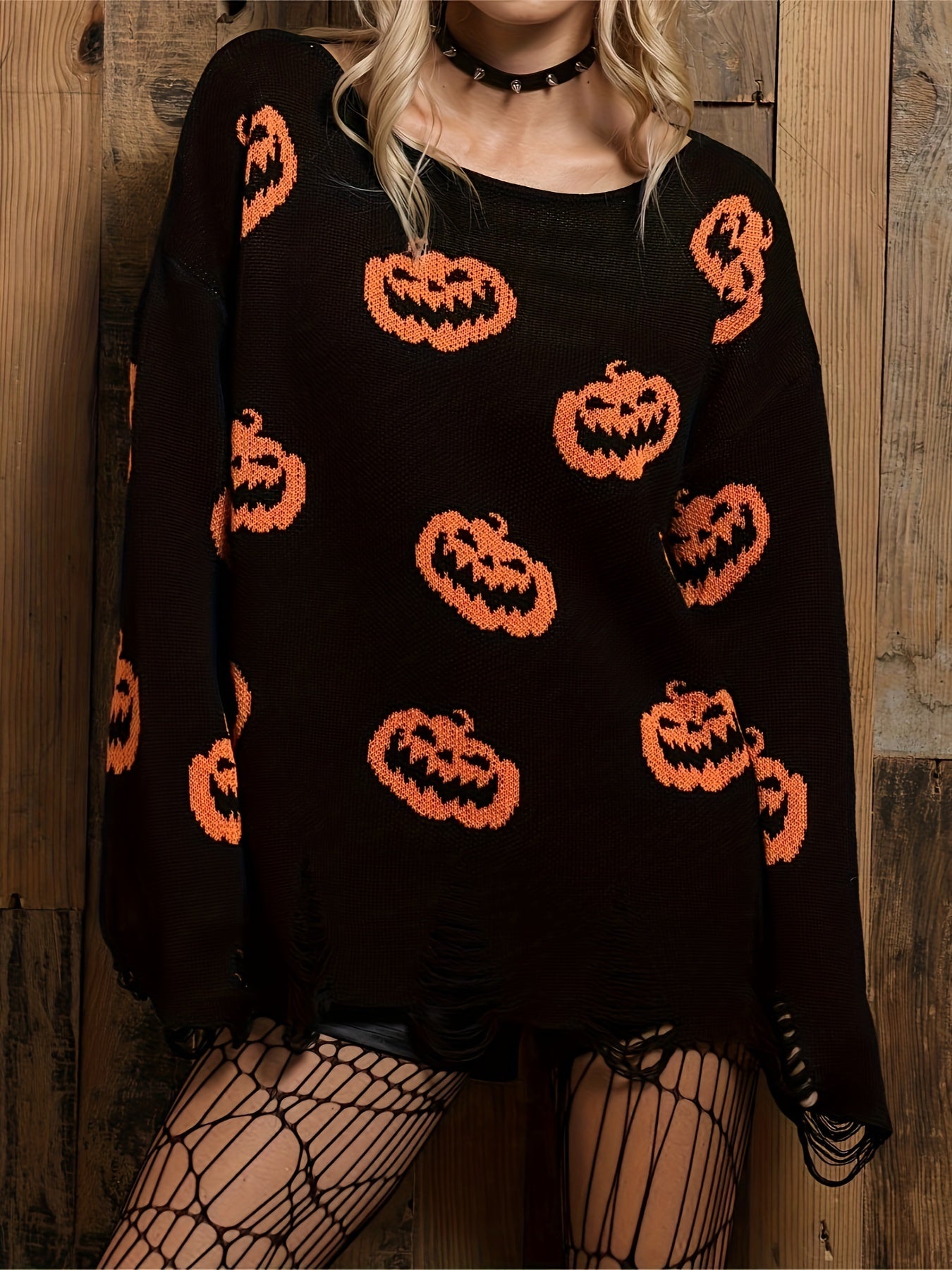 Pumpkin Pattern Boat Neck Sweater