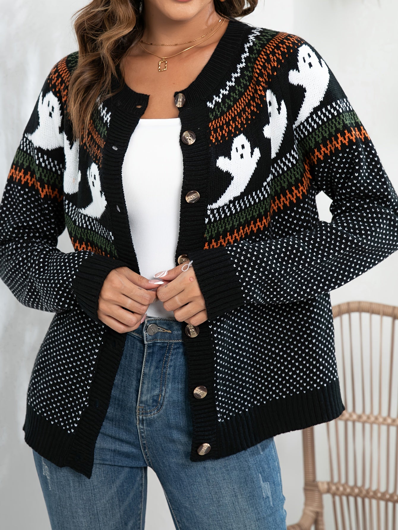 Ghost Pattern Cardigan Sweater