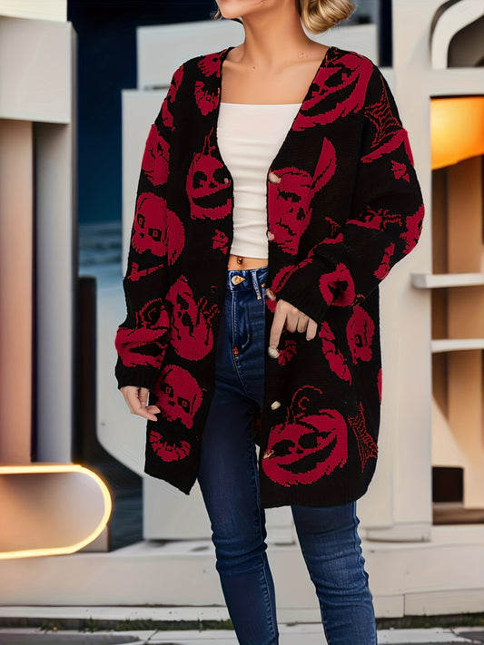 Pumpkin Pattern V-Neck Cardigan