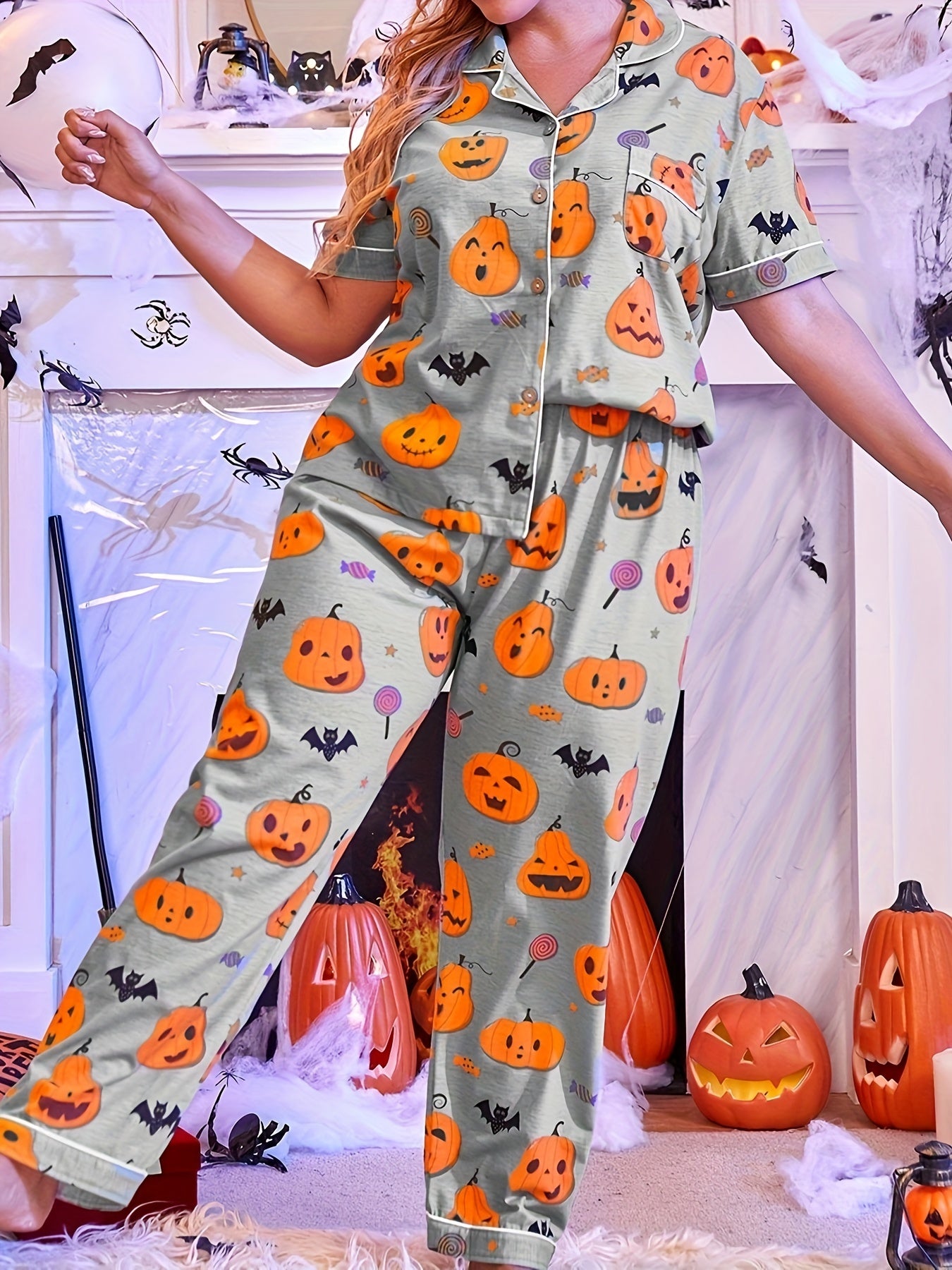 Over-Sized Halloween Pumpkin & Bat Print Pajama Set