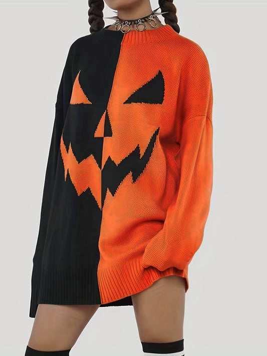 Pumpkin Face Knitted Colorblock Dress