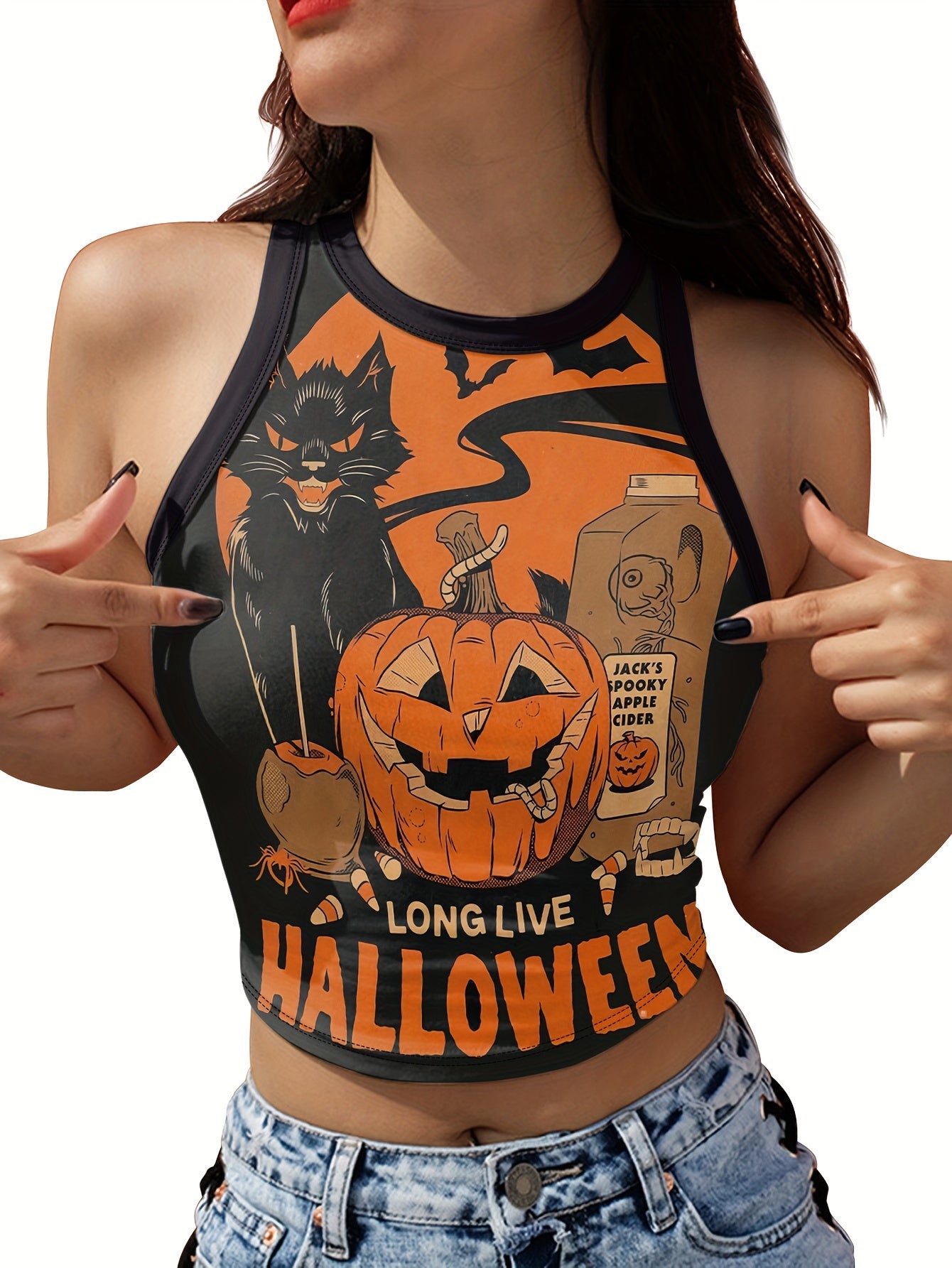 Halloween Print Crew Neck Crop Tank Top