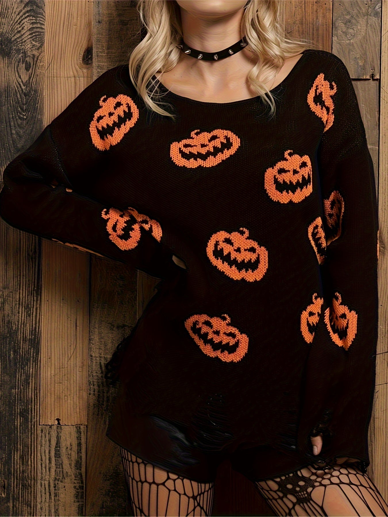 Pumpkin Pattern Boat Neck Sweater