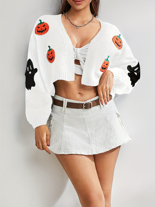 Trendy Halloween Pattern Open Front Knit Cardigan