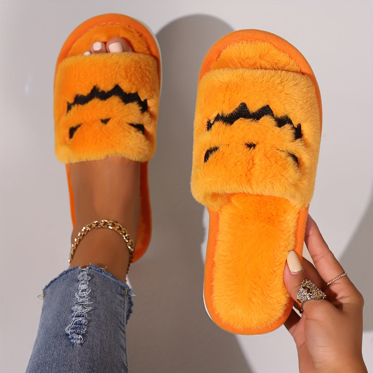 Pumpkin Fluffy Plush Slippers