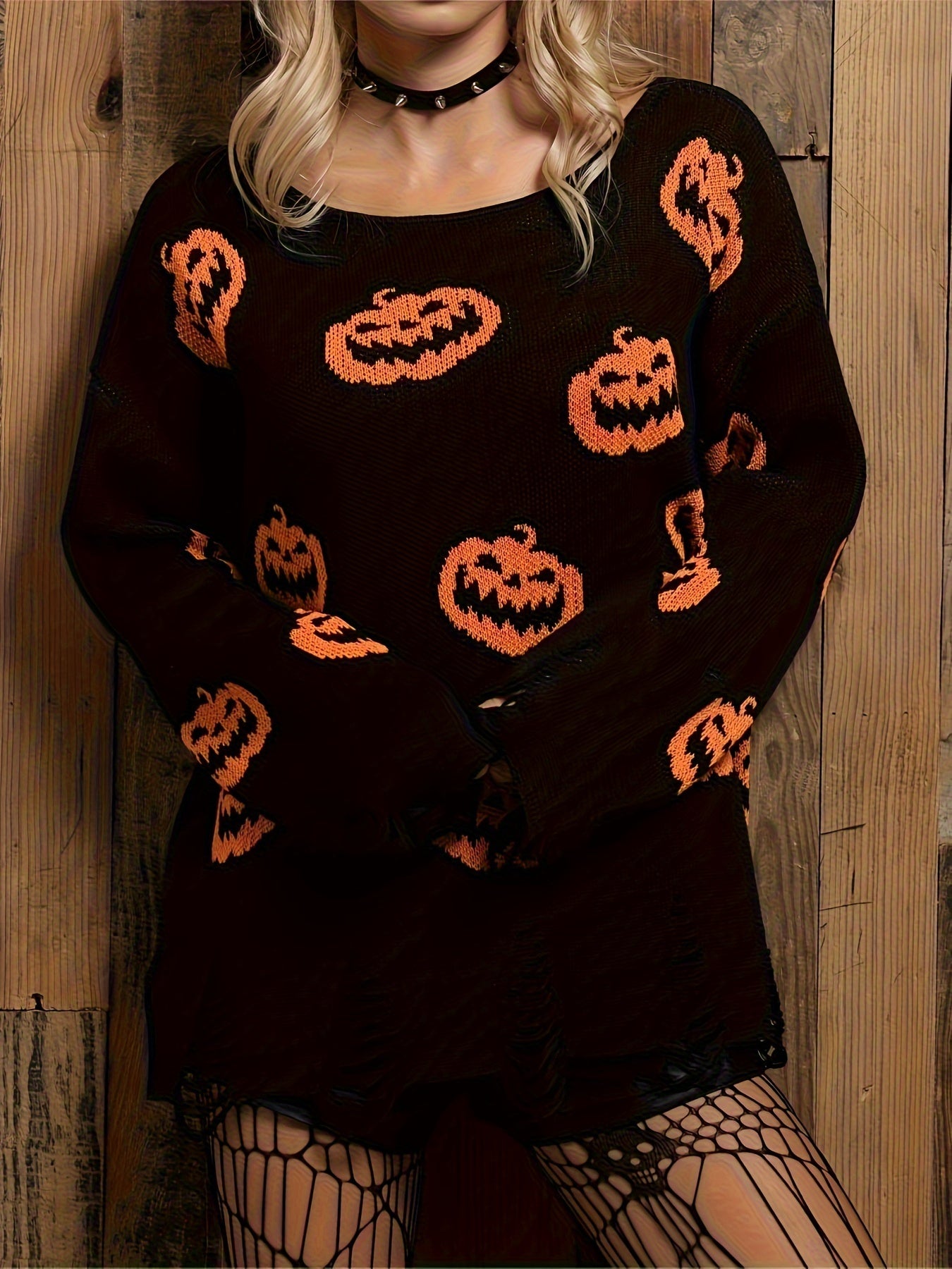 Pumpkin Pattern Boat Neck Sweater