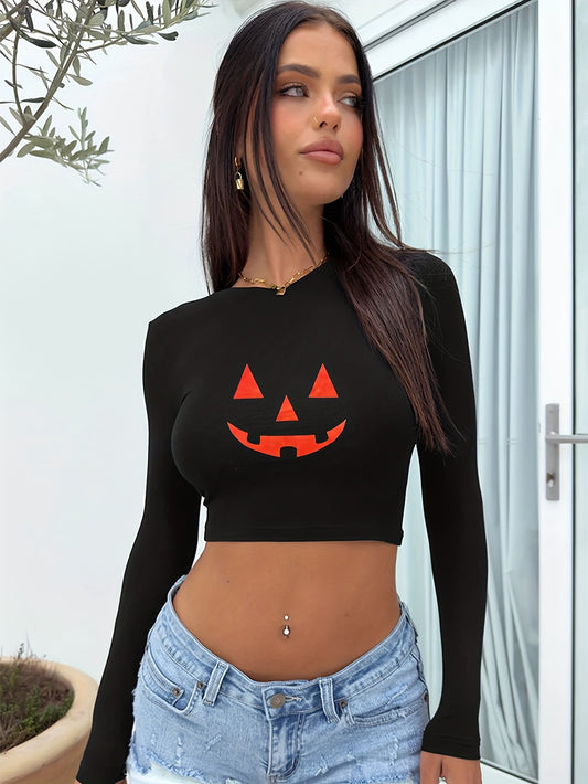 Long Sleeve Halloween Funny Pumpkin Print Crop Top