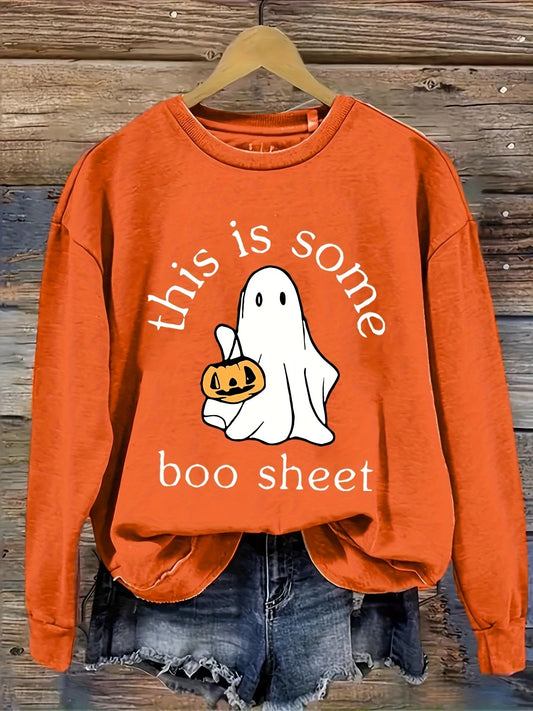 Spooky Halloween Ghost Print Crew Neck Sweatshirt