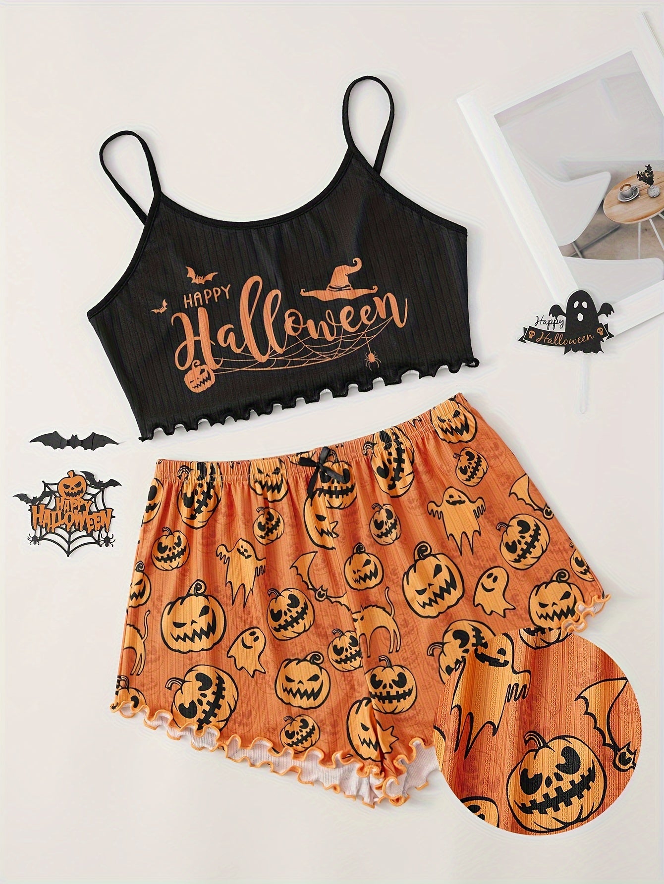 Women's Halloween Pumpkin & Bat Print Lounge Set