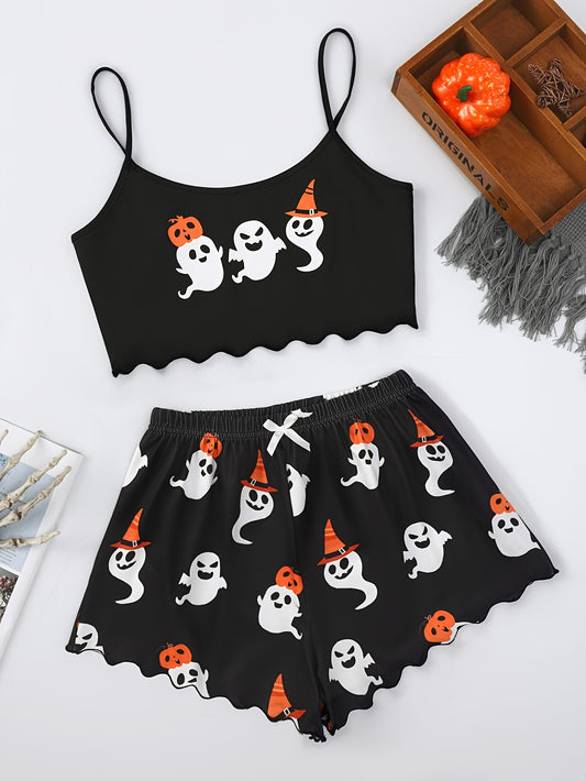 Women's Cartoon Ghost Print Frill Trim Sexy Pajama Set