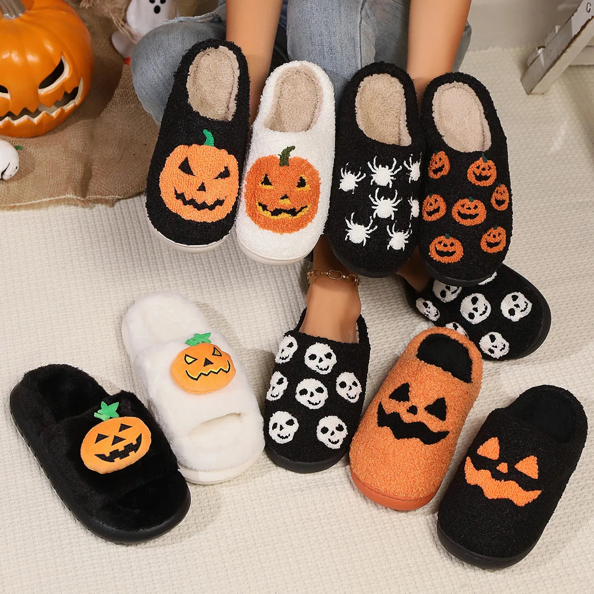 Halloween Pumpkin Finger Embroidery Slippers