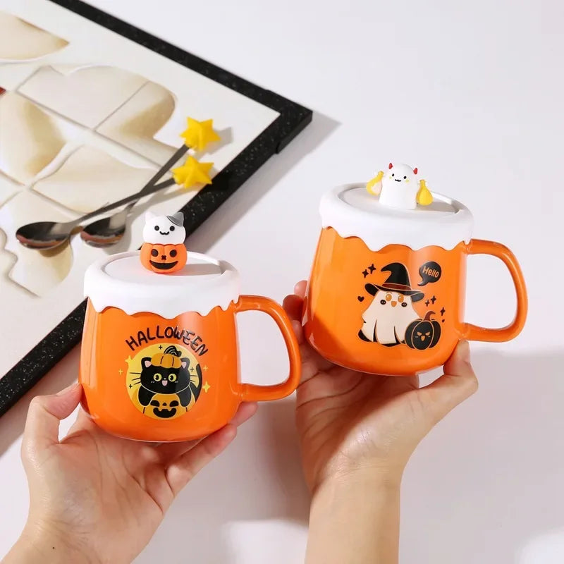 Halloween Ceramic Mug with Lid & Spoon Set