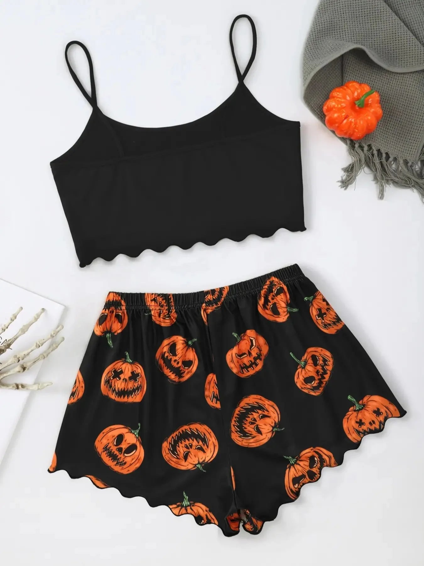 Women's Pajama Set Halloween Pumpkin Skeleton Print Cami Top & Lettuce Trim Shorts