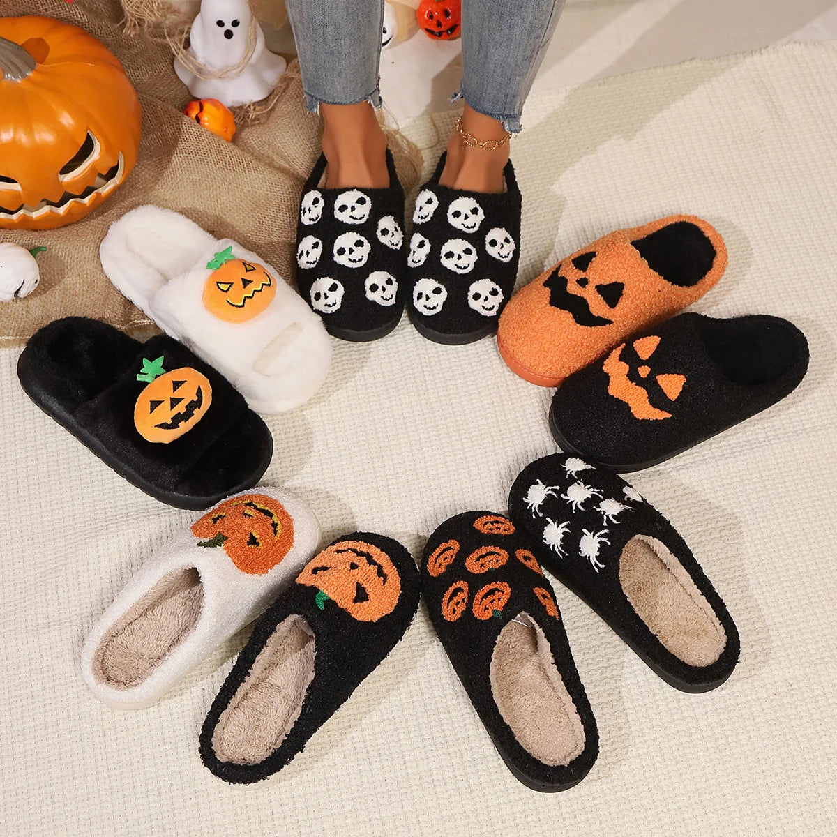 Halloween Pumpkin Finger Embroidery Slippers