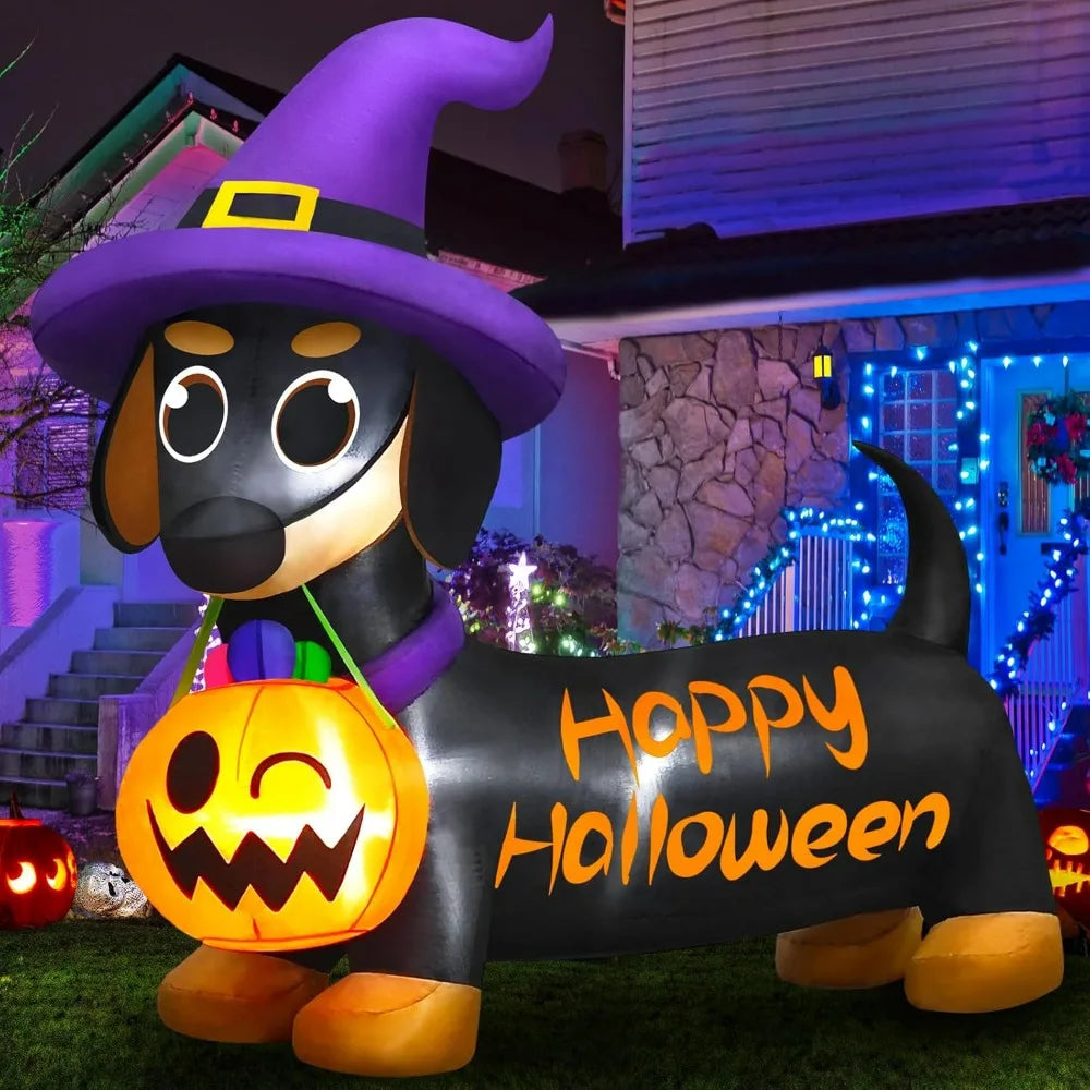 Halloween Inflatable Dog with Pumpkin & Witch Hat