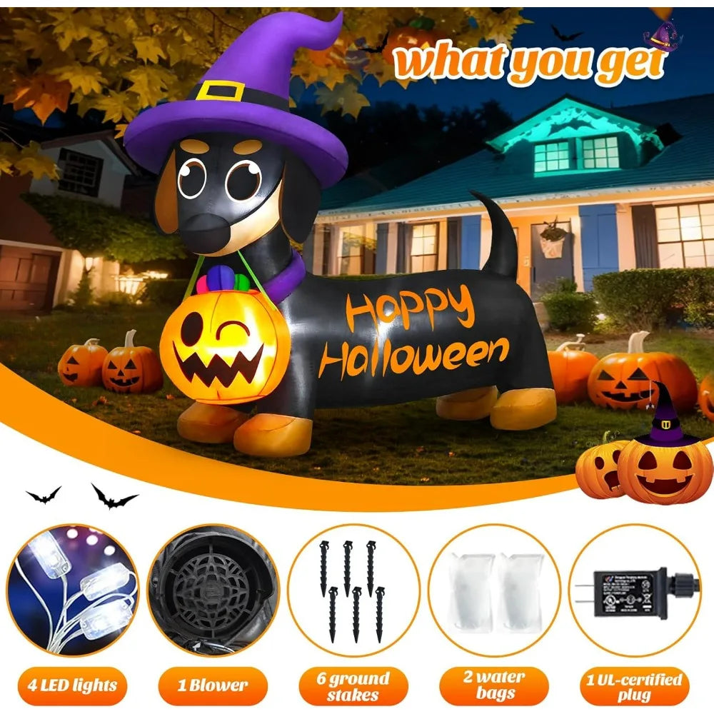 Halloween Inflatable Dog with Pumpkin & Witch Hat