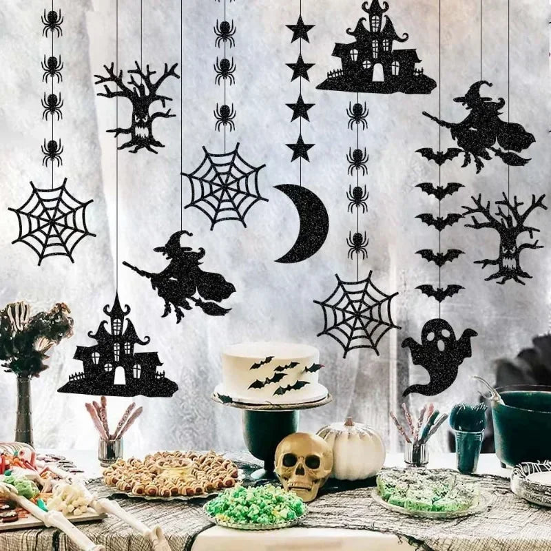 6 Pcs Halloween Hanging Banner Garland - Spider, Witch, Ghost, Bat Pendants