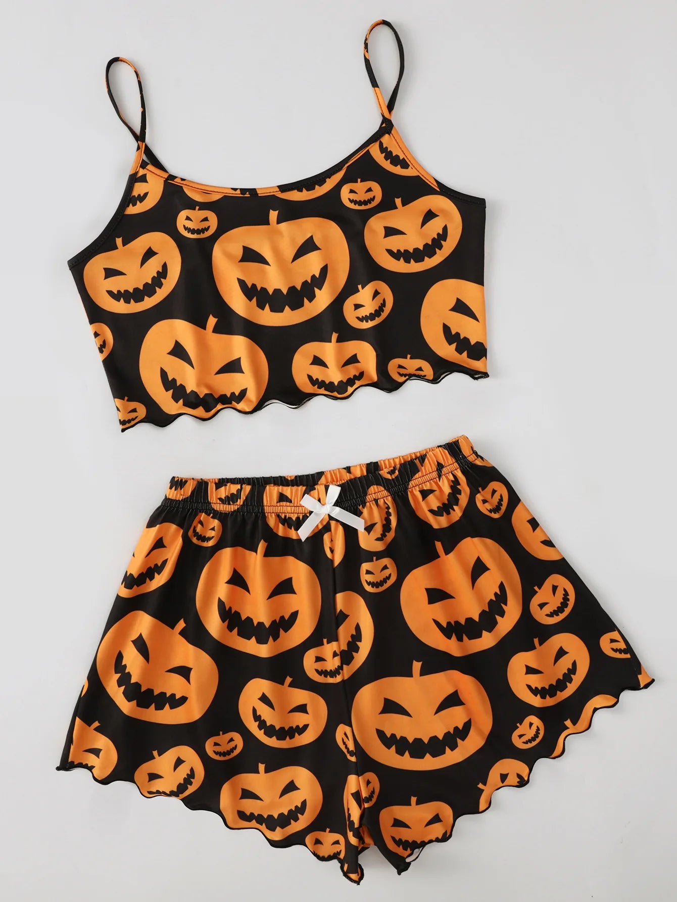 Women's Pajama Set Halloween Pumpkin Skeleton Print Cami Top & Lettuce Trim Shorts