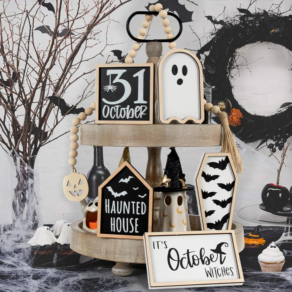 6 Pcs Halloween Tiered Tray Decor Set - Bat, Coffin, Haunted House, Ghost, Witches, October 31 Sign, Bead Garland