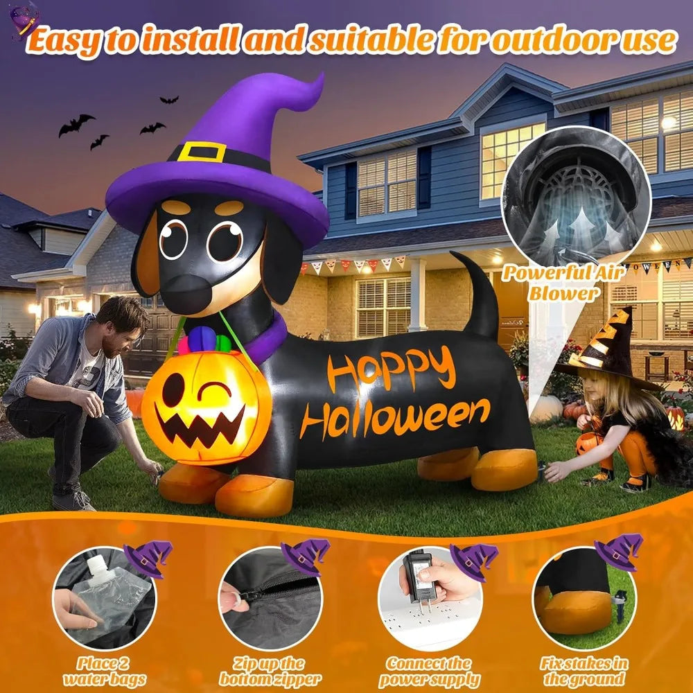 Halloween Inflatable Dog with Pumpkin & Witch Hat