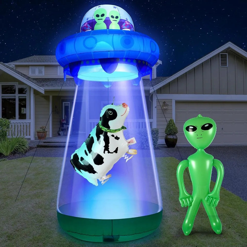 Halloween UFO Cow Alien Inflatable Yard Decor with LED