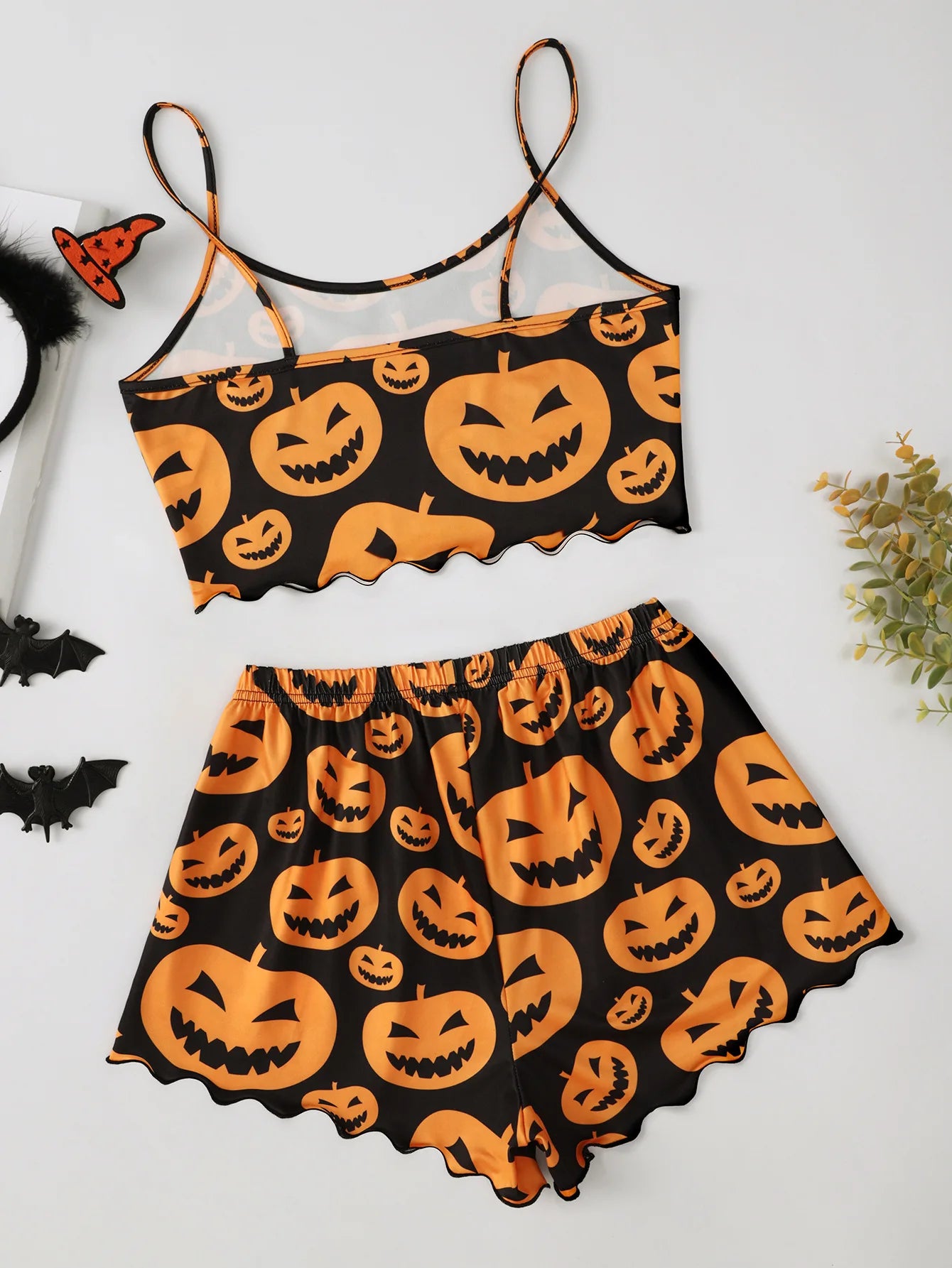 Women's Pajama Set Halloween Pumpkin Skeleton Print Cami Top & Lettuce Trim Shorts