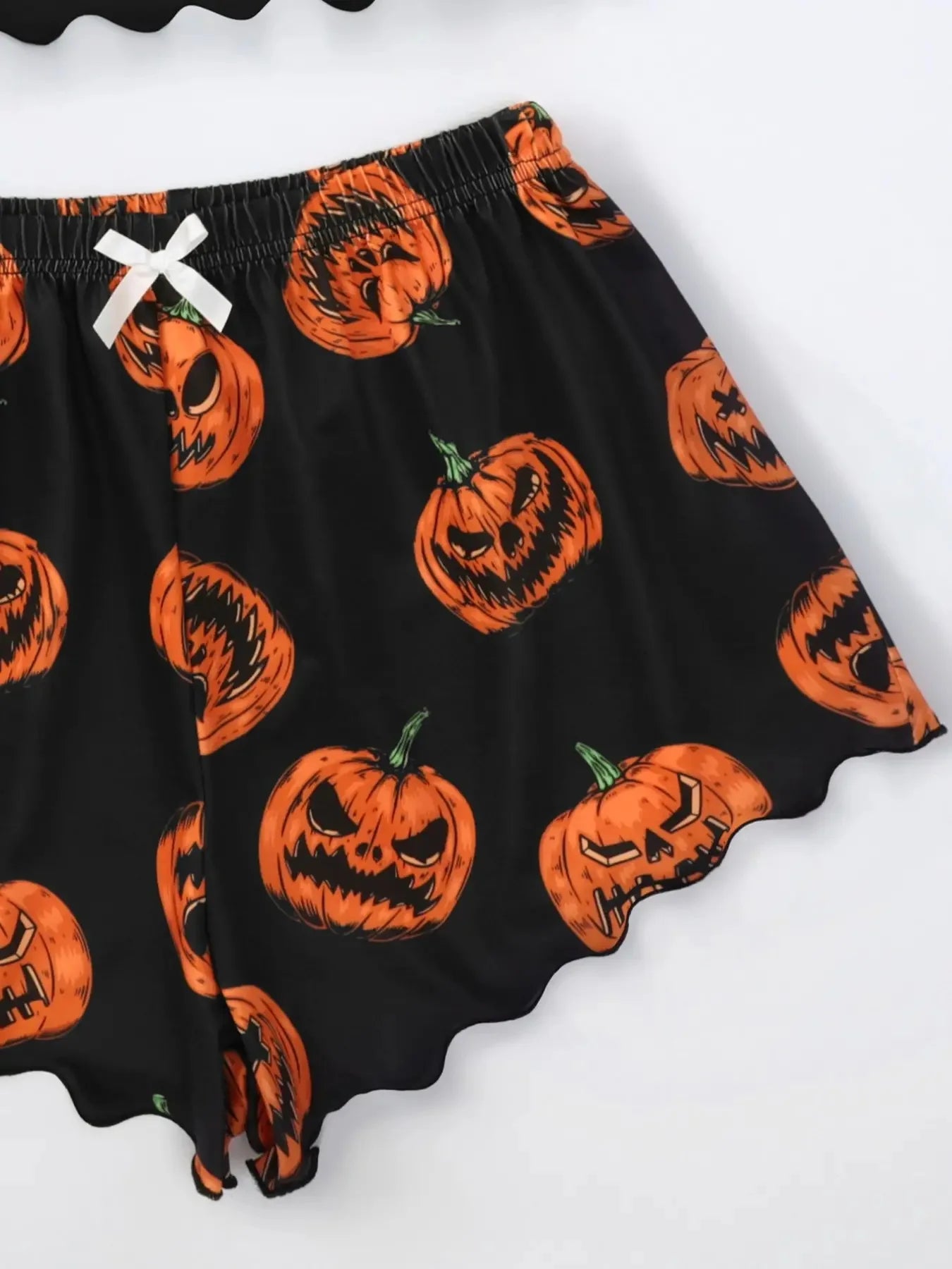 Women's Pajama Set Halloween Pumpkin Skeleton Print Cami Top & Lettuce Trim Shorts