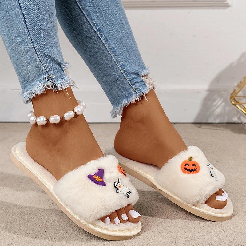 Halloween Fur Flats Slippers for Women