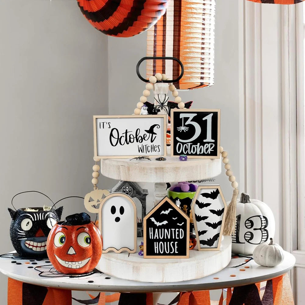 6 Pcs Halloween Tiered Tray Decor Set - Bat, Coffin, Haunted House, Ghost, Witches, October 31 Sign, Bead Garland