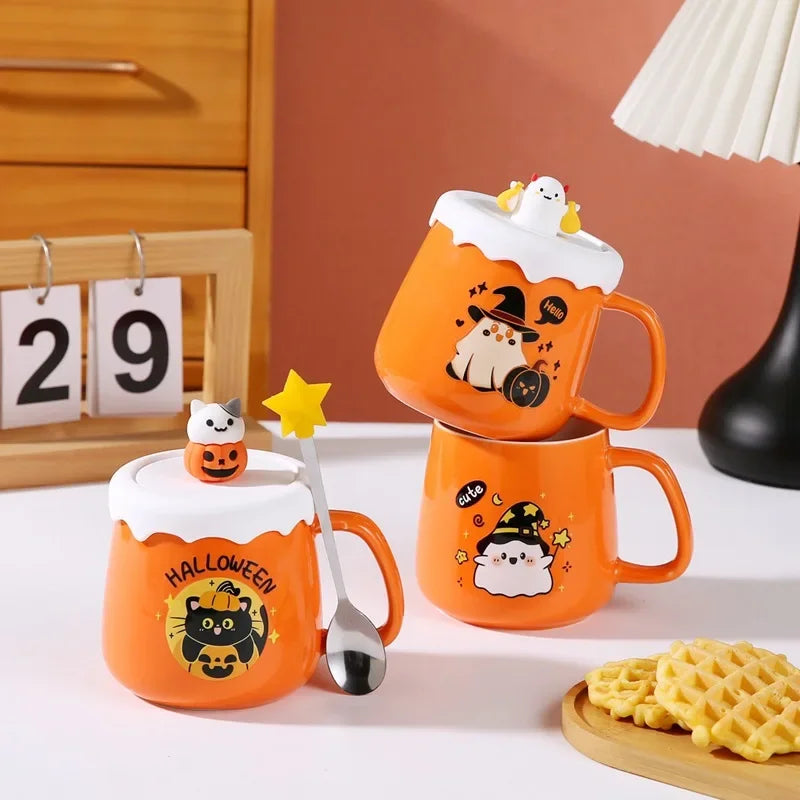 Halloween Ceramic Mug with Lid & Spoon Set