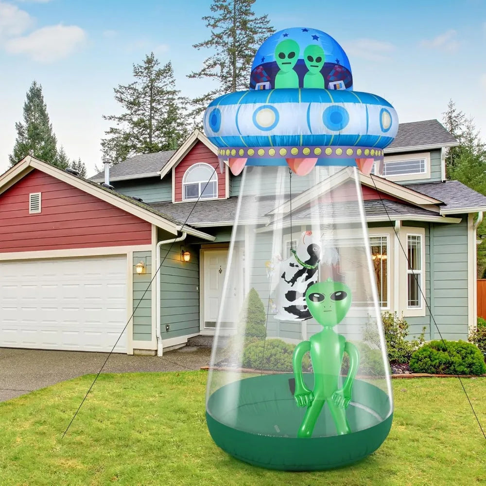 Halloween UFO Cow Alien Inflatable Yard Decor with LED