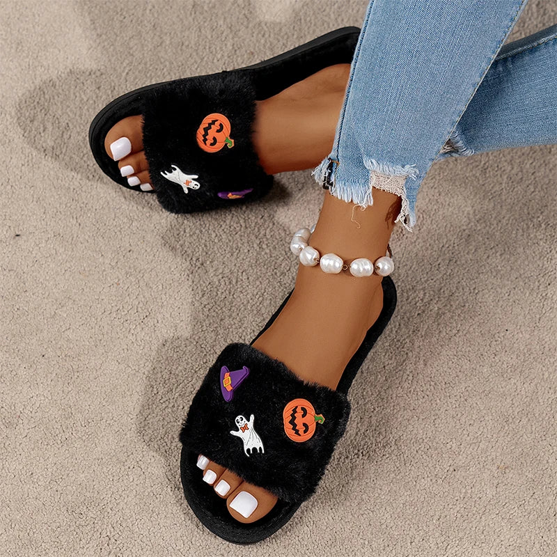 Halloween Fur Flats Slippers for Women