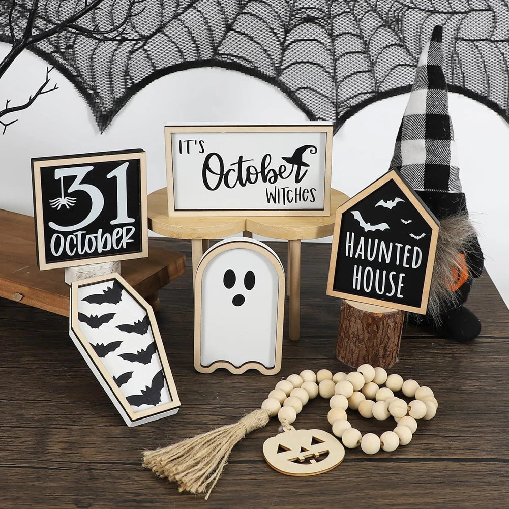 6 Pcs Halloween Tiered Tray Decor Set - Bat, Coffin, Haunted House, Ghost, Witches, October 31 Sign, Bead Garland