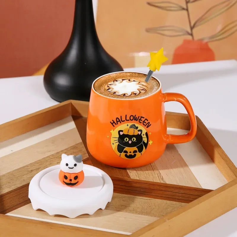 Halloween Ceramic Mug with Lid & Spoon Set