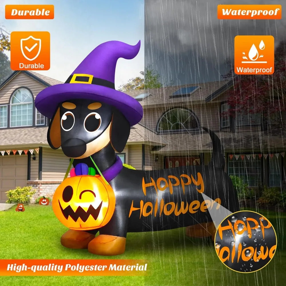 Halloween Inflatable Dog with Pumpkin & Witch Hat