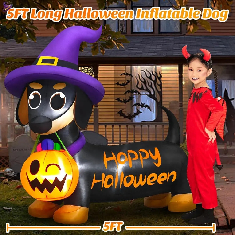 Halloween Inflatable Dog with Pumpkin & Witch Hat