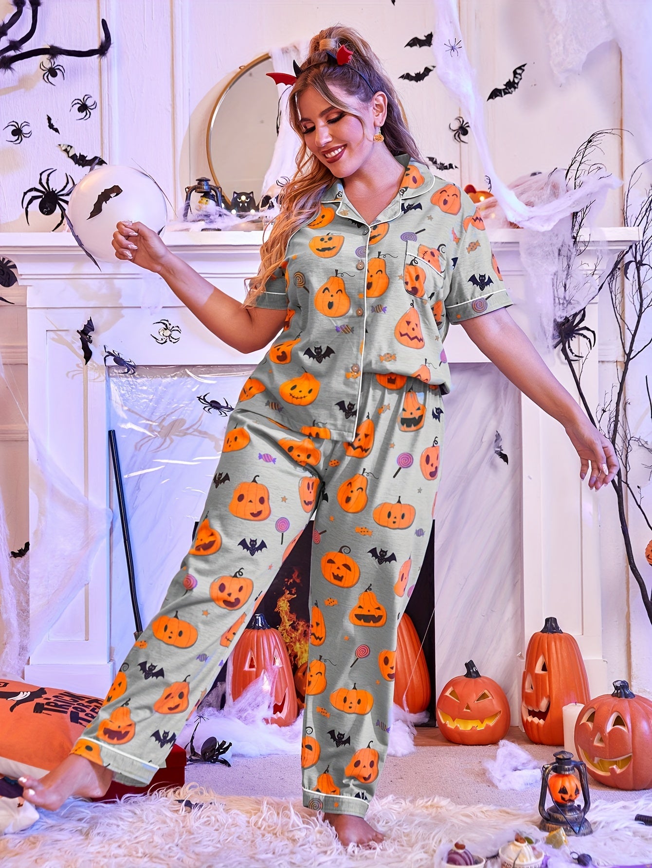 Over-Sized Halloween Pumpkin & Bat Print Pajama Set