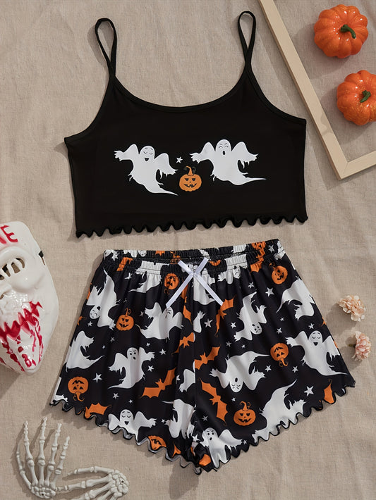 Women's Cartoon Ghost & Jack-O-Lantern Print Pajama Set