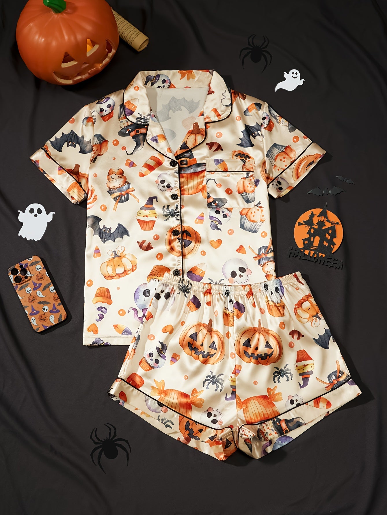 Cartoon Pumpkin Skeleton Pajama Set for Adults