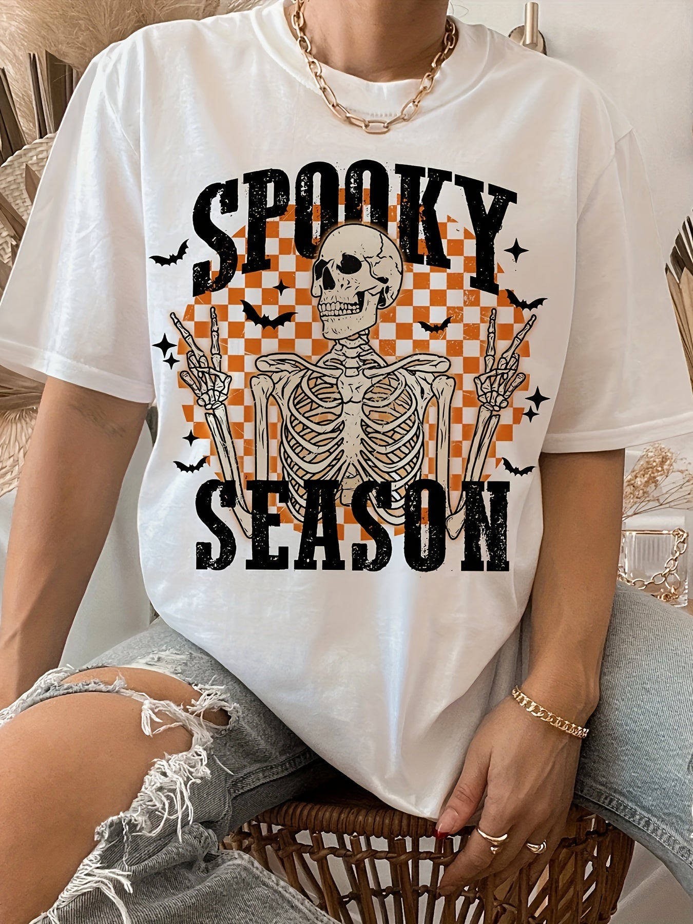 Skeleton & Letter Print Crew Neck Short Sleeve T-Shirt