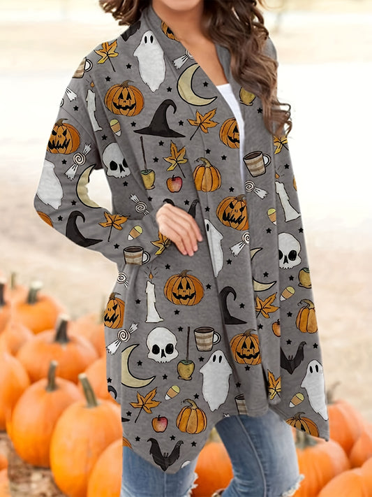 Over-Sized Women's Cartoon Pumpkin & Skull Print Long Sleeve Open Front Sweater Cardigan