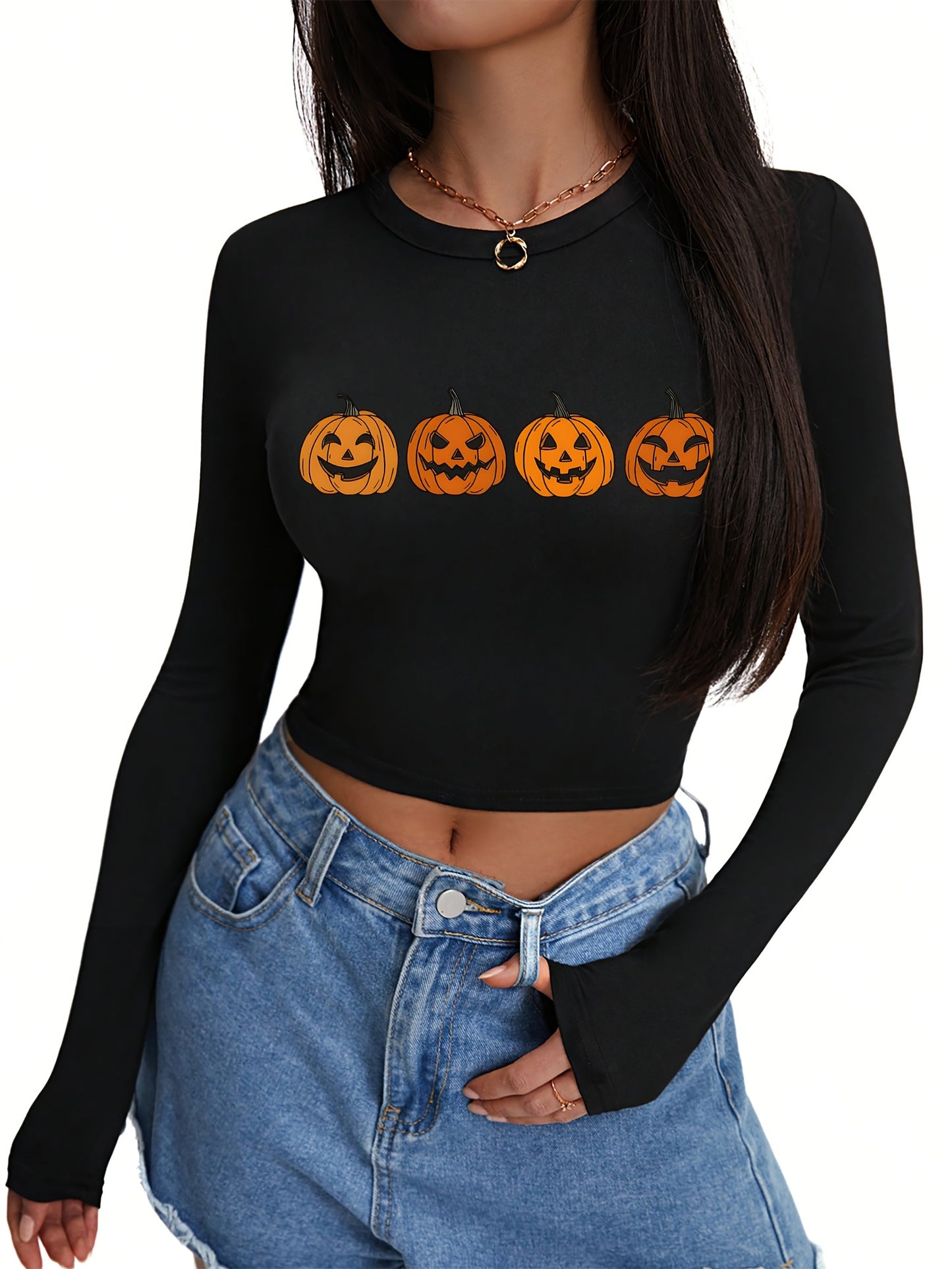 Pumpkin Print Crew Neck T-Shirt