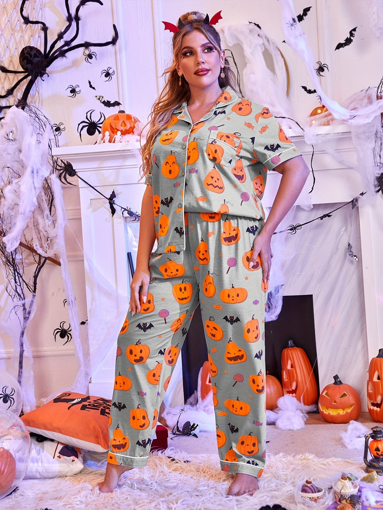 Over-Sized Halloween Pumpkin & Bat Print Pajama Set