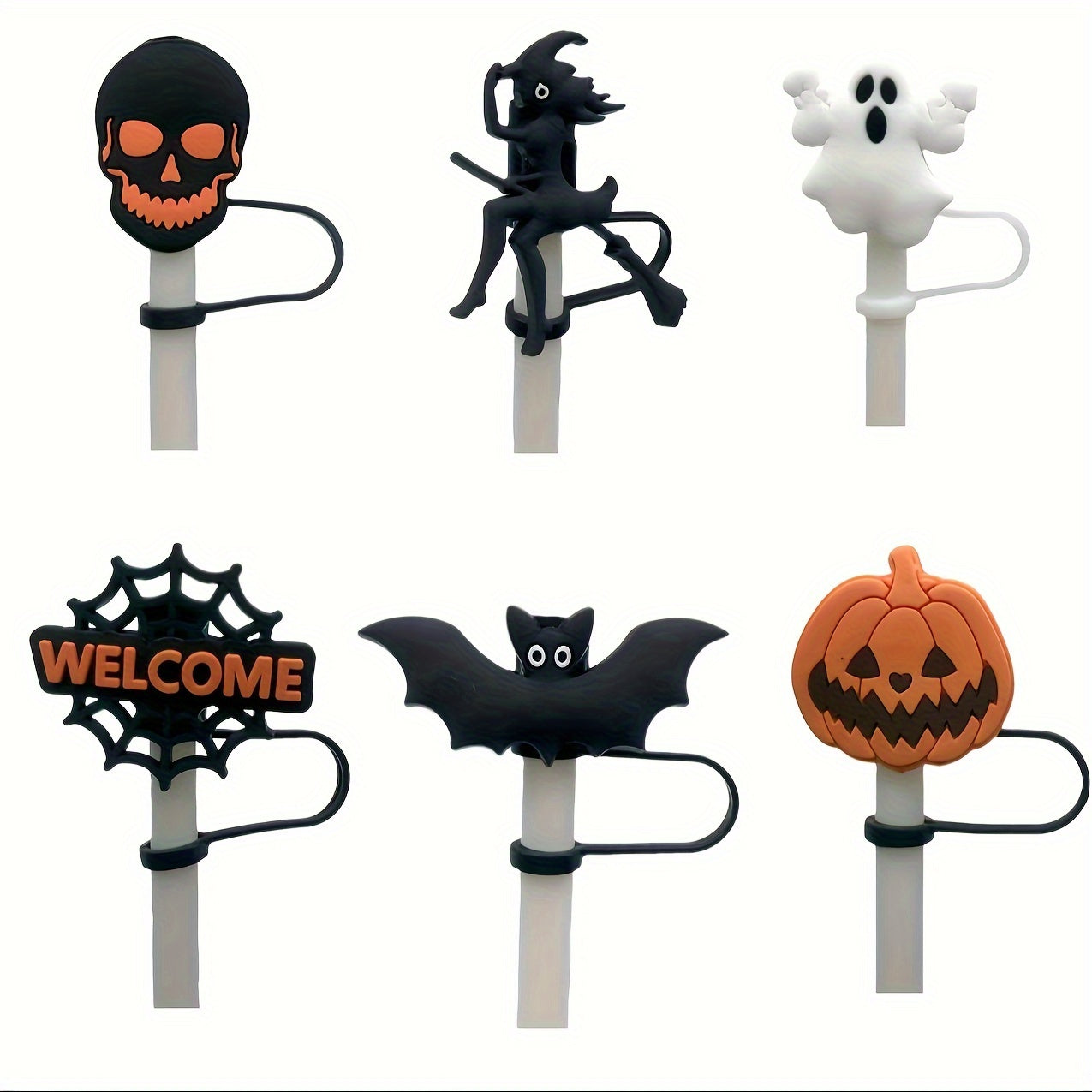 Halloween Ghost & Pumpkin Straw Toppers - 6pcs Silicone Set