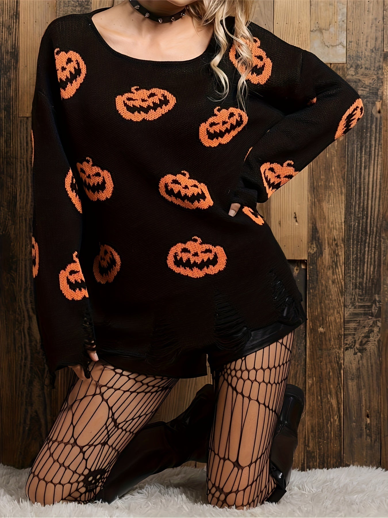 Pumpkin Pattern Boat Neck Sweater