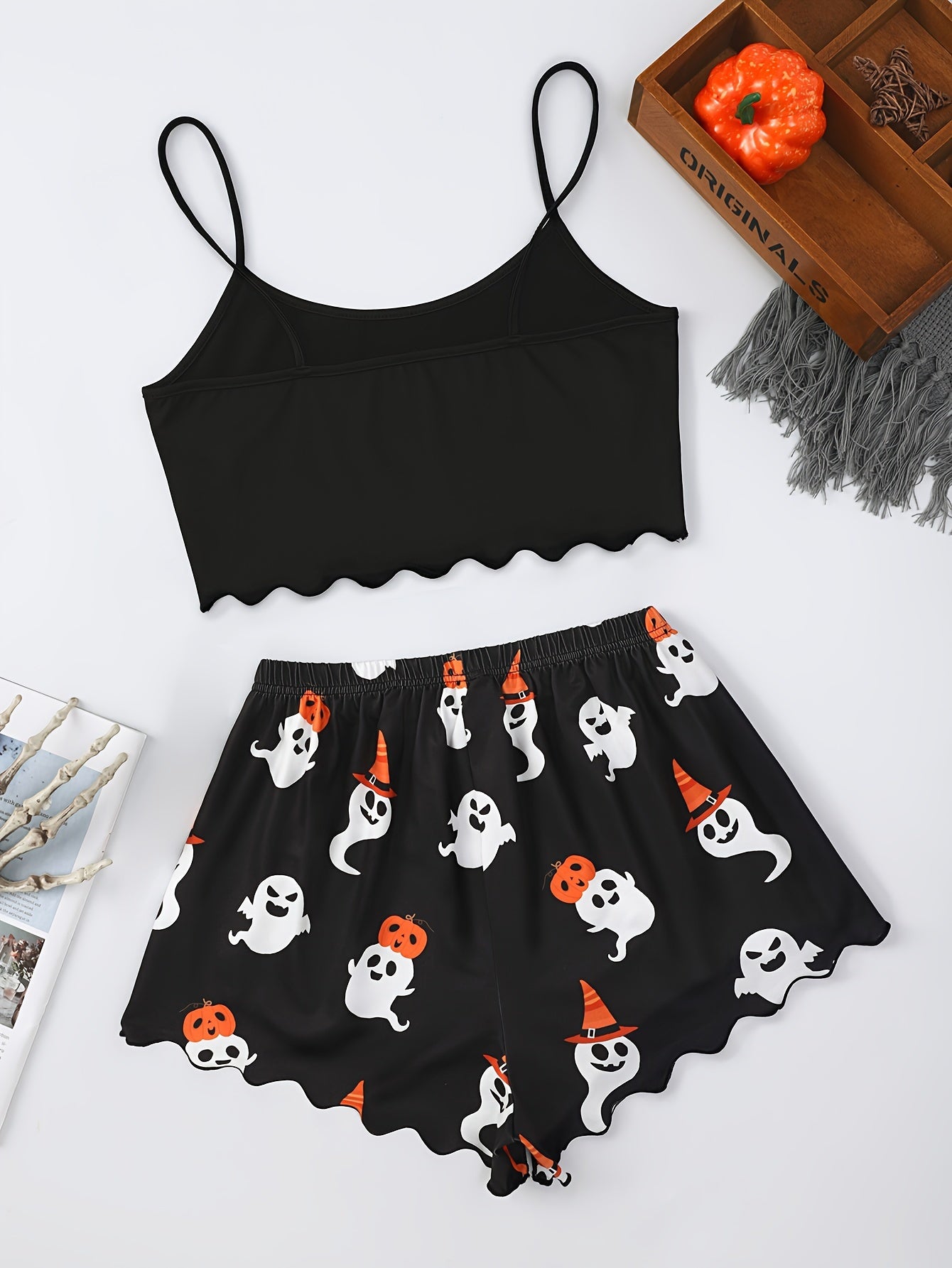 Women's Cartoon Ghost Print Frill Trim Sexy Pajama Set